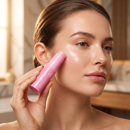 Applying danchel glow balm stick to the cheekbone for a dewy glow