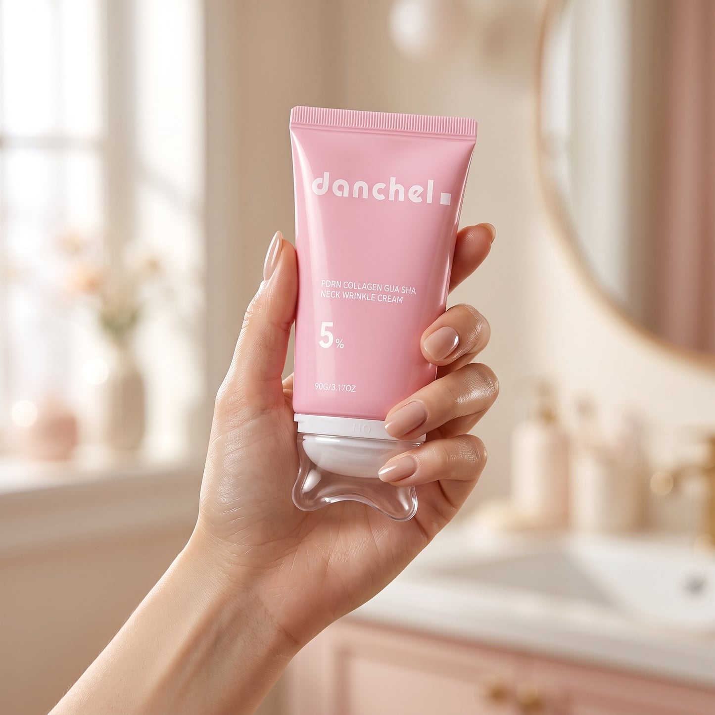 danchel pink neck cream tube held in hand