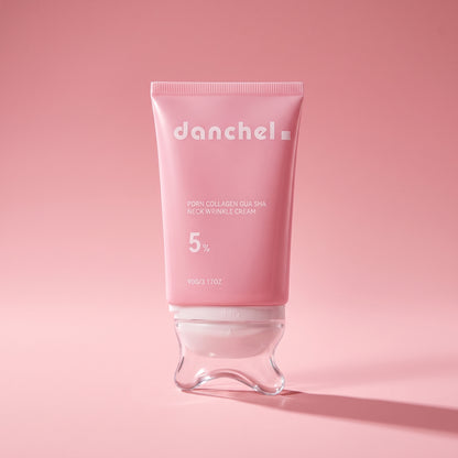danchel neck cream on a pink editorial background
